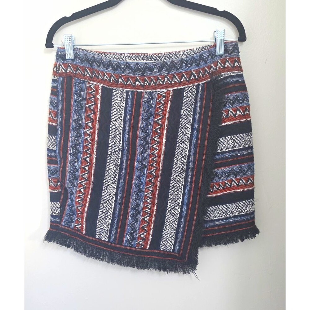 Chelsea & Violet Boho Fringe Aztec Mini Skirt Asymmetric Faux Wrap Patterned